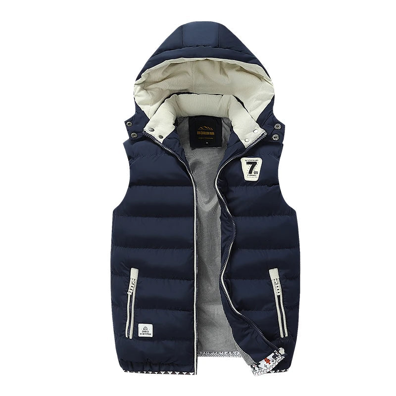 Sleeveless Warm Detachable Hooded Vest Jackets For MenSolid Color Outdoors Windproof