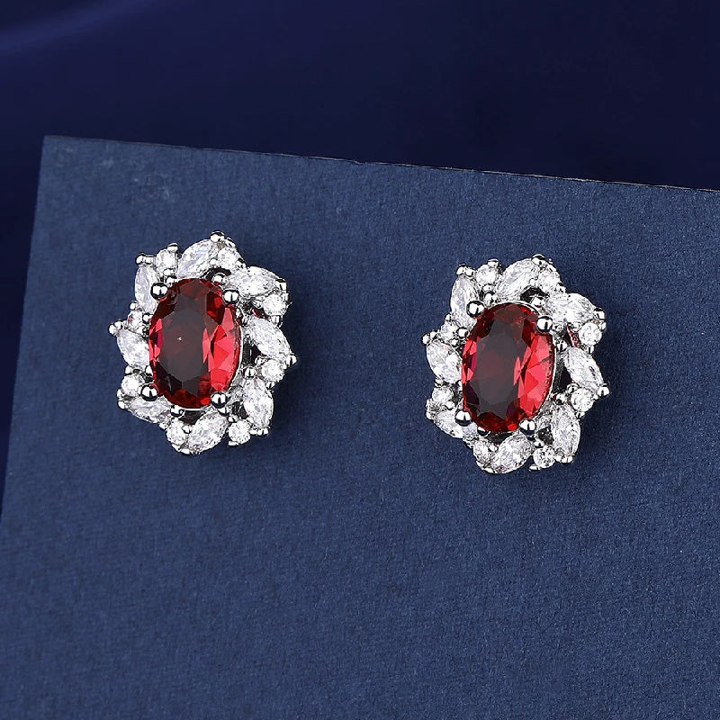 Trendy 925 Silver Jewelry Sets Ring Earrings Pendant Necklace with Ruby Zircon Accessories for Wedding Party Gifts