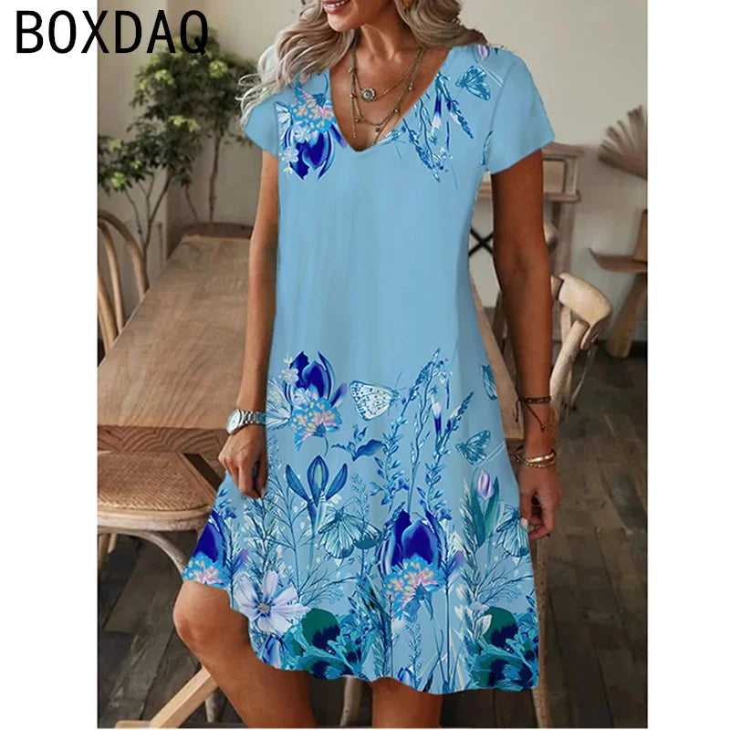Summer Beach Casual A-Line Short Sleeve V-Neck Dress