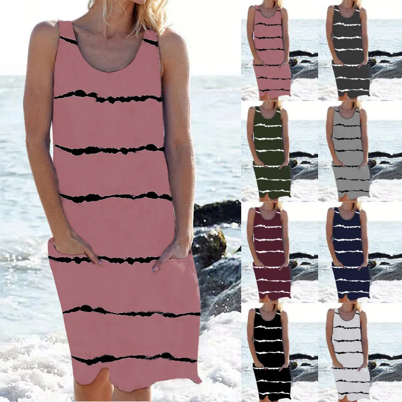 Stripe Print Pocket Sleeveless Knee Vacation And Party Dress