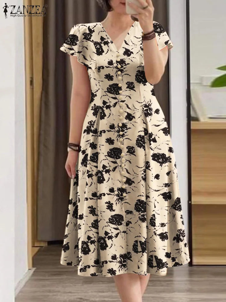 Summer Midi V-neck Fitted-waist Party Sun Dress