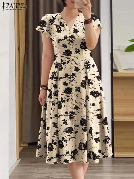 Summer Midi V-neck Fitted-waist Party Sun Dress