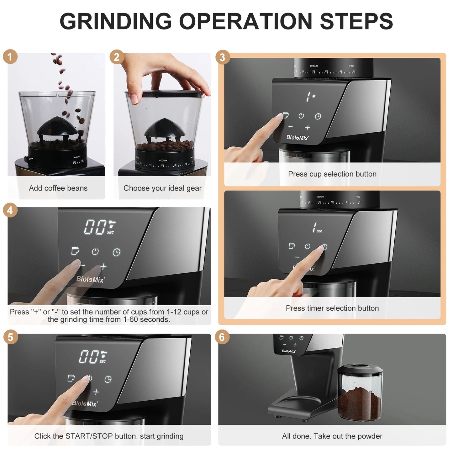 BioloMix Electric Coffee Grinder with Magnetic Ring - 30 Precise Grind Settings for Espresso, American, and Pour Over Coffee, Au