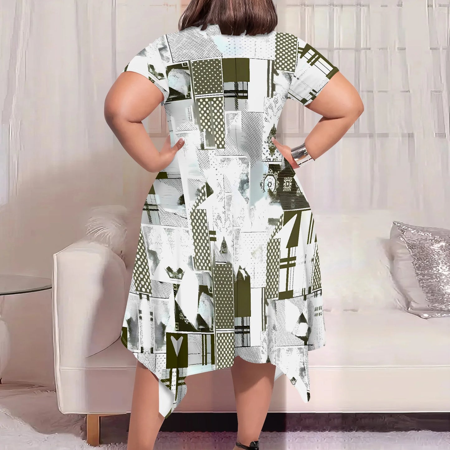 Eclectic Patchwork Abstract Round-Neck Short-Sleeve Dress
