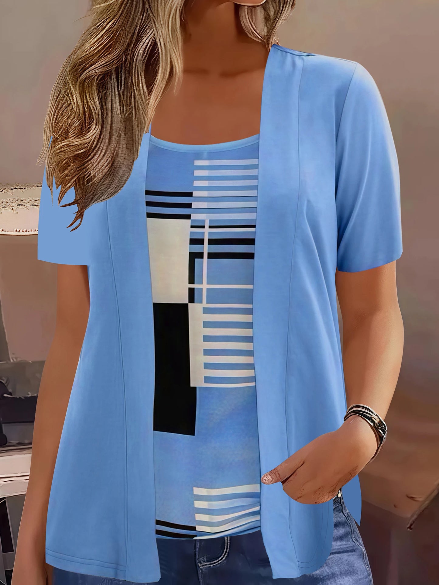 Elegant Geometric Print Mock Two-Piece T-Shirt  Summer Casual Top