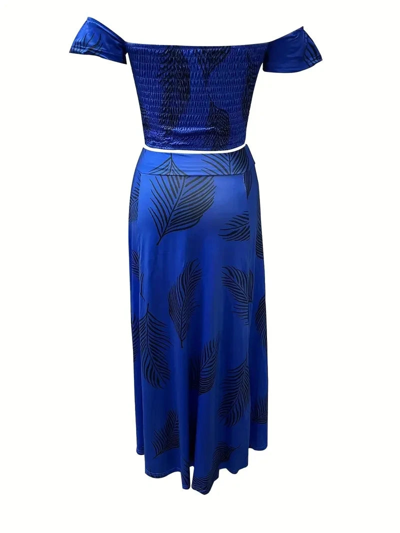 Bohemian Two-piece Set Women's Off-shoulder Elastic Solid Color Vest With feather Print High Waist Slit Skirt Set