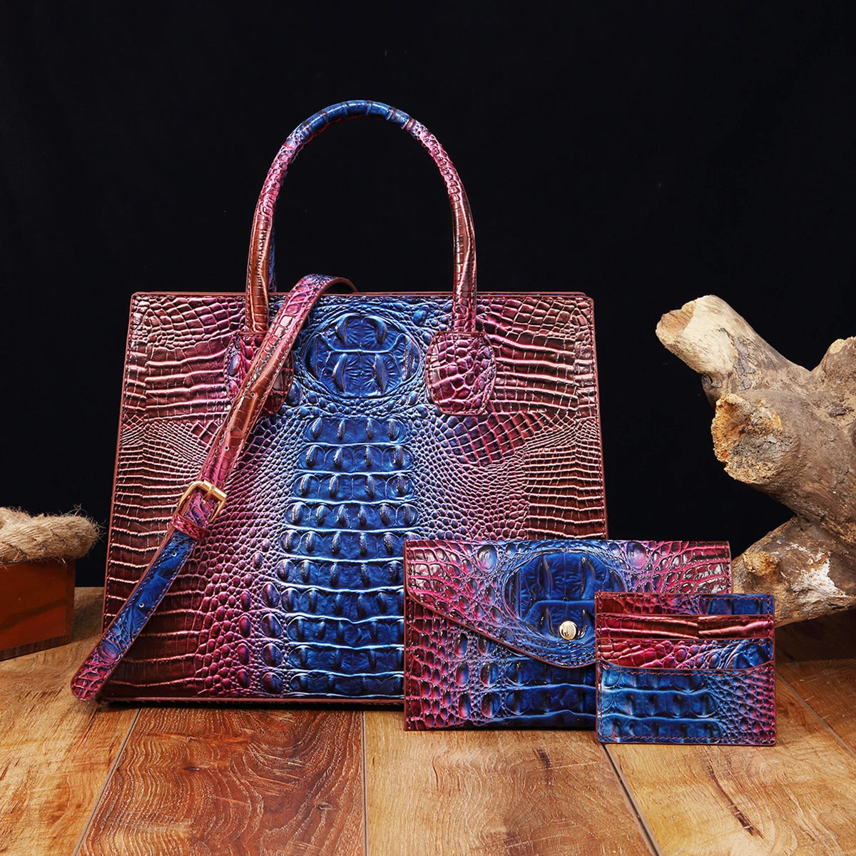 3 set Crocodile Pattern Handbag & Purses Set, Multi-functional Vintage Top Handle Crossbody Bag & Business Clutch Bag
