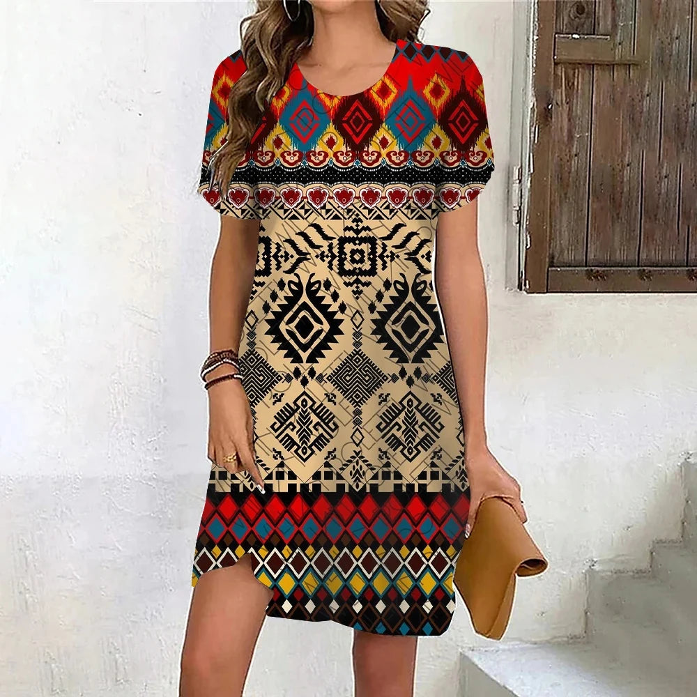 Summer women's short sleeve dress geometric pattern Vintage Print