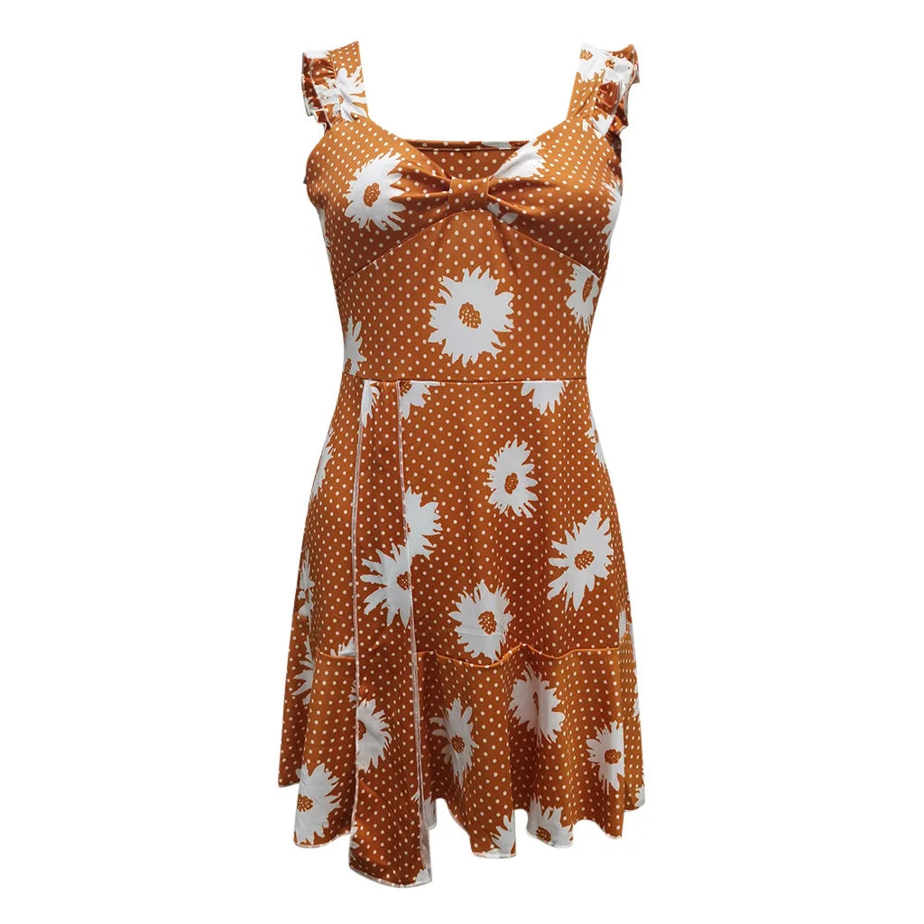 Breezy Sleeveless Dress with Vibrant Floral Print and Elegant V-Neck ﻿