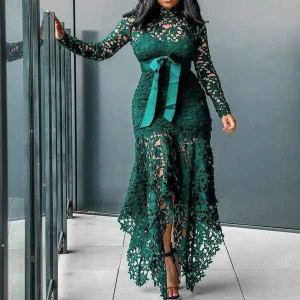 French Lace Bubble Sleeves Waist Cinching Slimming Dress Elegant Long Dress