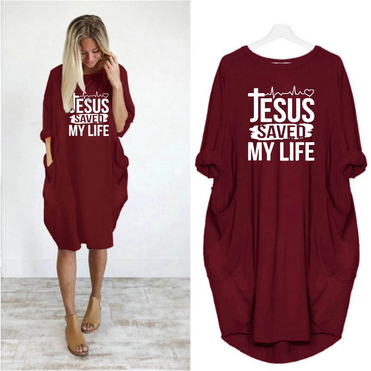 JESUS SAVED MYLIFE Print Round Neck Long Sleeve Pocket Comfortable Dress