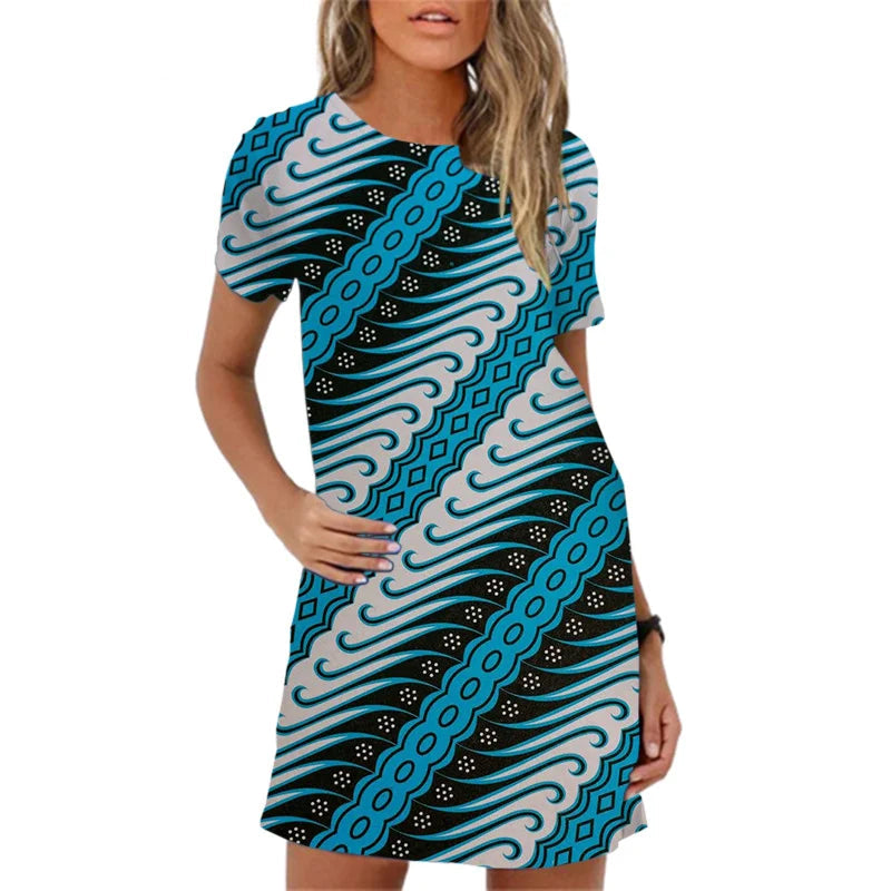 Summer Short Sleeve Mini Dress Vintage Geometric Pattern