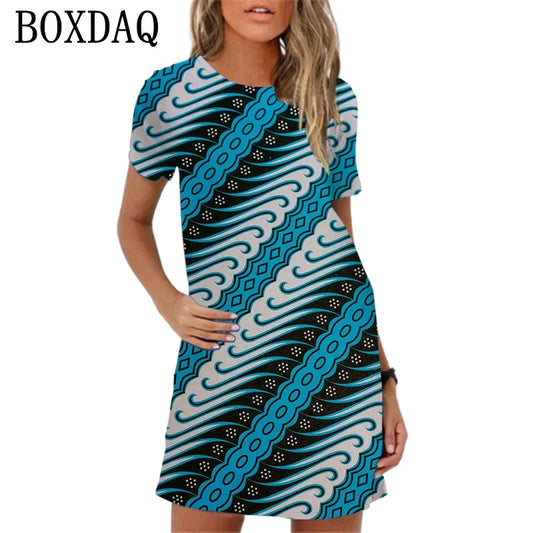 Summer Short Sleeve Mini Dress Vintage Geometric Pattern