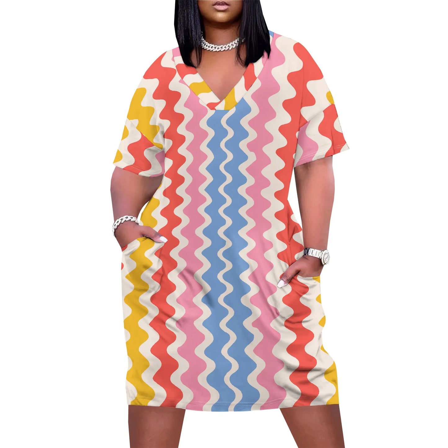 V Neck Short Sleeve with Front Two Pockets Solid Color Oversize Dress