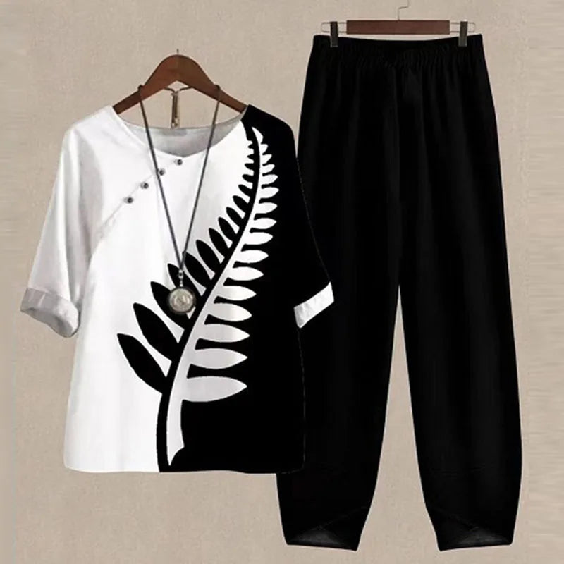 Summer 2 Piece Set Sleeve Shirt Top High Waist Pant