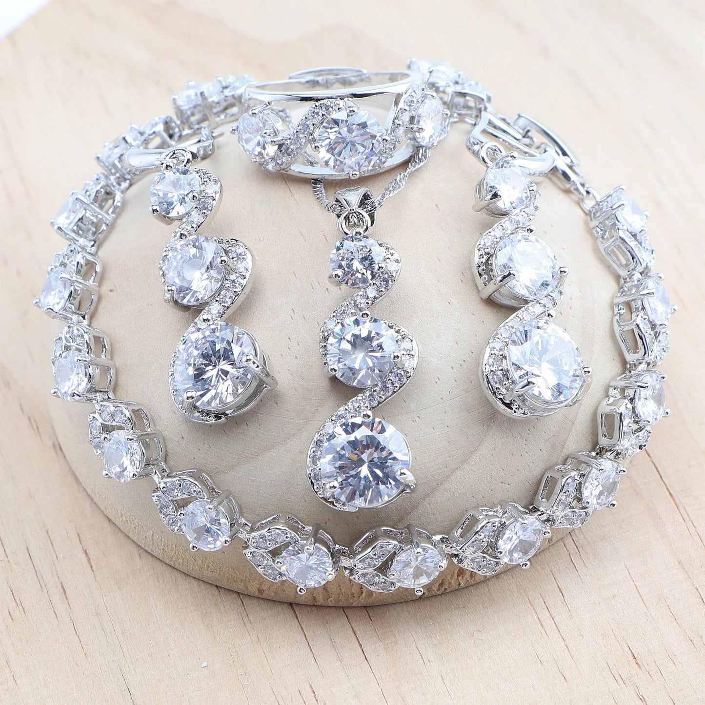 Round Pink Zircon Bridal Silver, Bracelets Earrings Rings Pendant Wedding Necklace 4Set