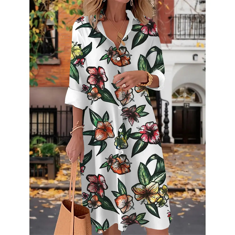 Printed V Neck Long Sleeves Button Sexy  Beach and Party Dress