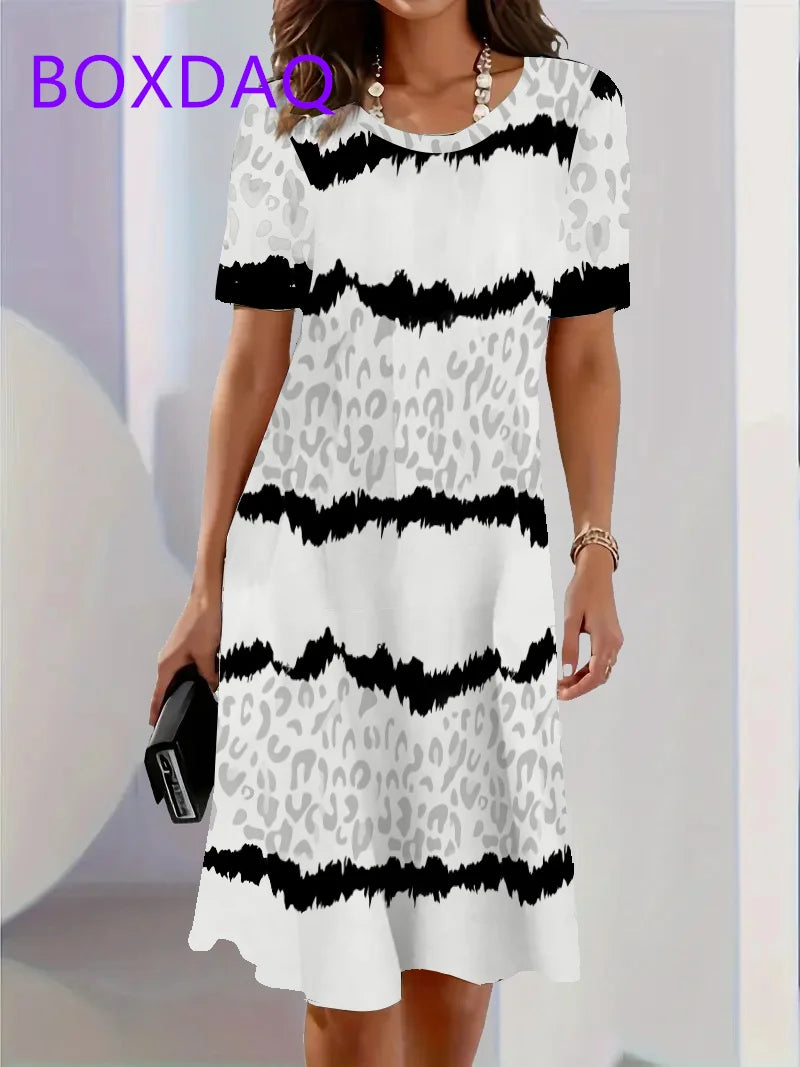 Geometric Stripe Printed Short Sleeve O-Neck Dress