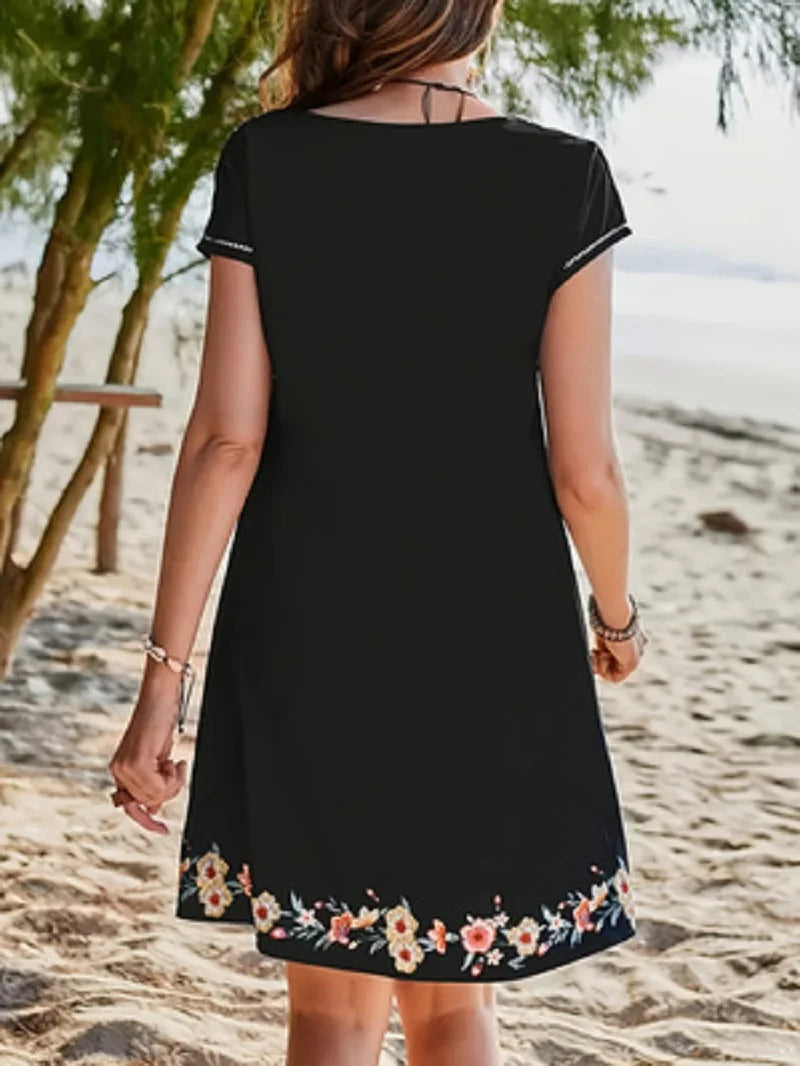 Bohemian Floral Print V-neck Slimming Short-sleeved Straight Dress