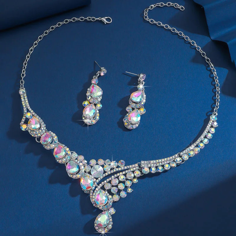Bridal Colorful Crystal Necklace and Earrings Suite