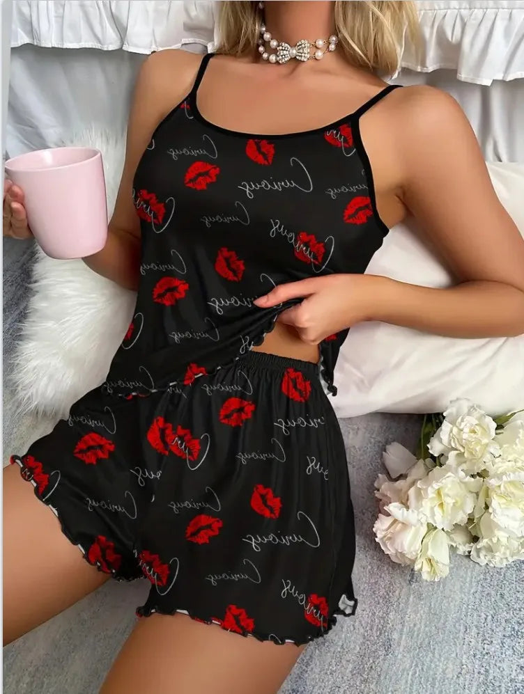 Top and Elastic Waist Shorts Women's Sexy Casual Home Summer Pijama Set