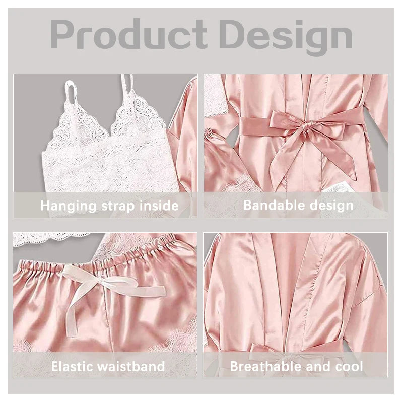 4 Pieces Lace Satin With Silk Sleepwear Robe Comfortable Nightwear