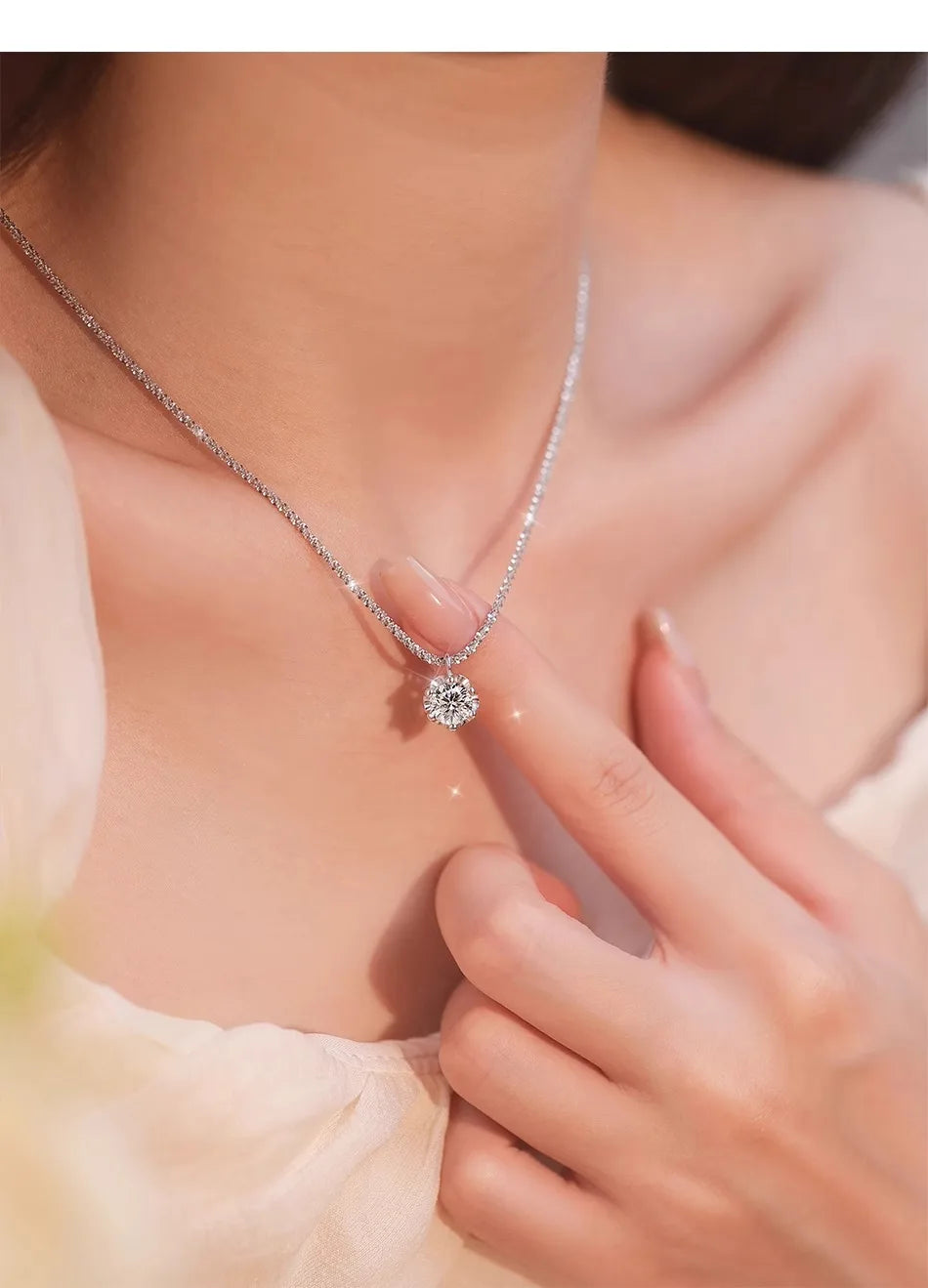 Super Sparkly D Color Moissanite Pendant silver chain plated 18K