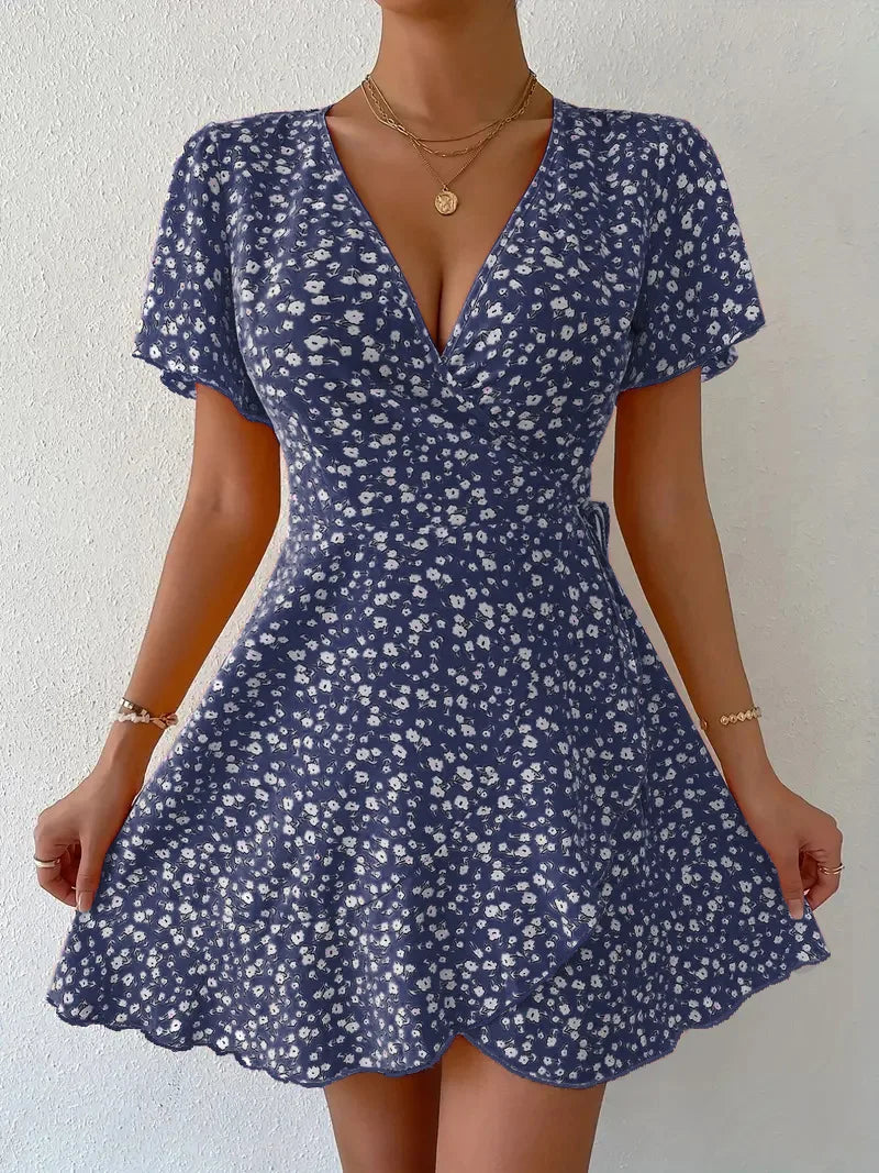 Women Sexy Printed A Line Dress Summer  V-Neck Short Sleeved Mini Dresses