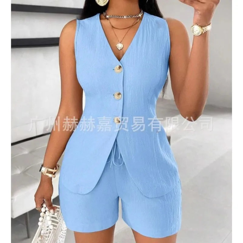 Cotton Linen Shorts Sets Solid Color V-Neck Slim Tops Office Lady Shorts Suits