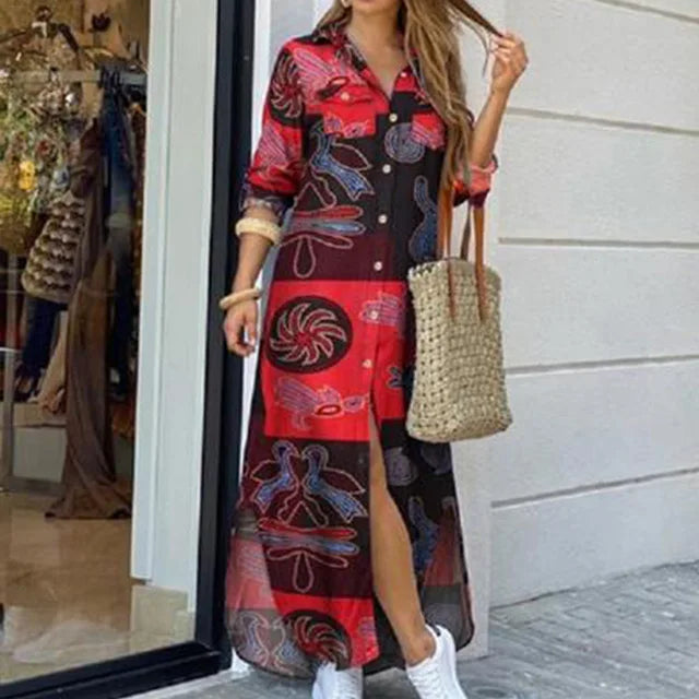 Long Sleeve  Pocket Button Print Shirts Dress