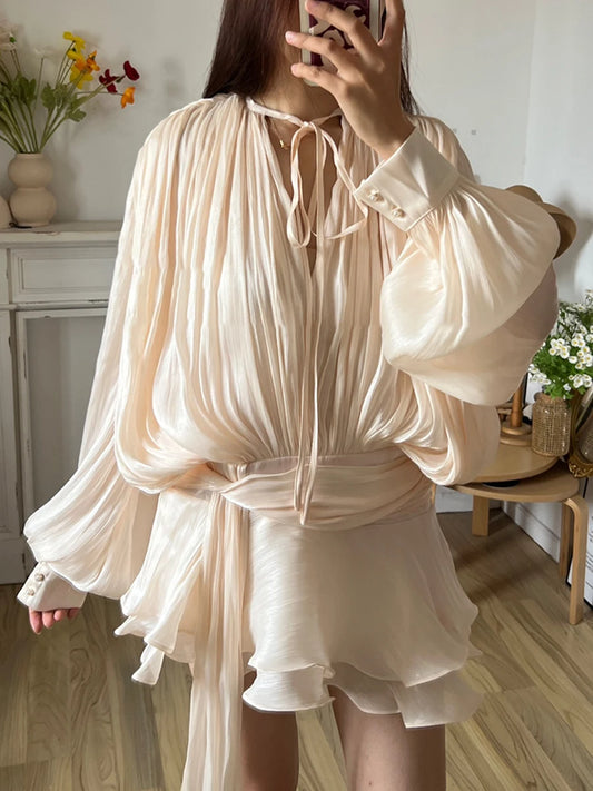 Solid Blouse Mini  V Neck Long Sleeve Spliced Lace Up Sweet Style Dress