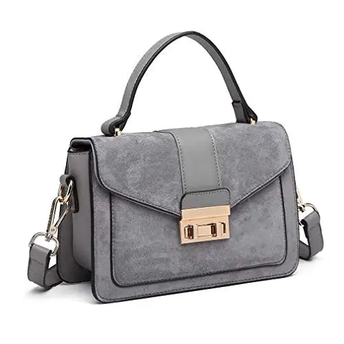 Miss Lulu WOMEN'S shoulder bag Medium Faux Leather & Suede Vintage Flap Crossbody Bag Oval Metal Ornate