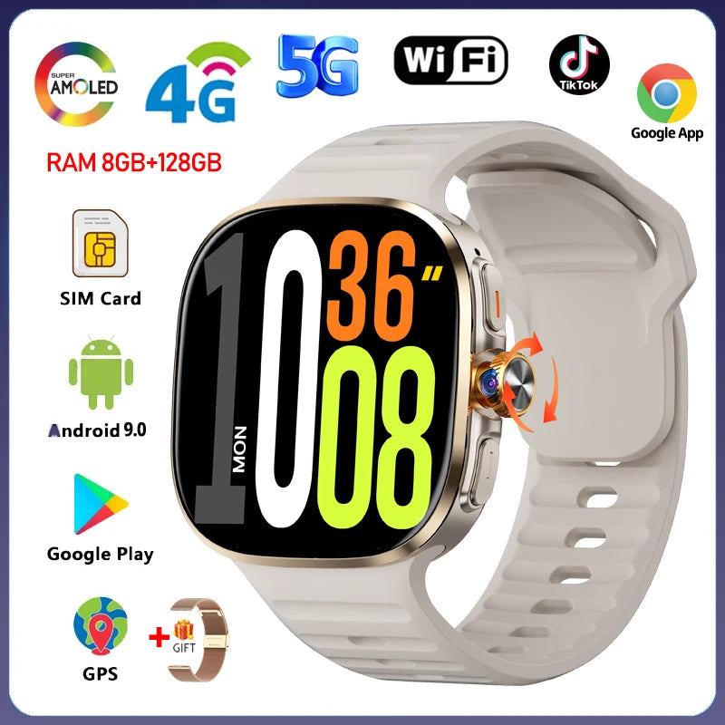 5G/4G Full Network Smart Watch 2.40 inch Big Screen HD Video Call 8GB+128GB RAM 2100mAh Google Play WIFI GPS Sim Card