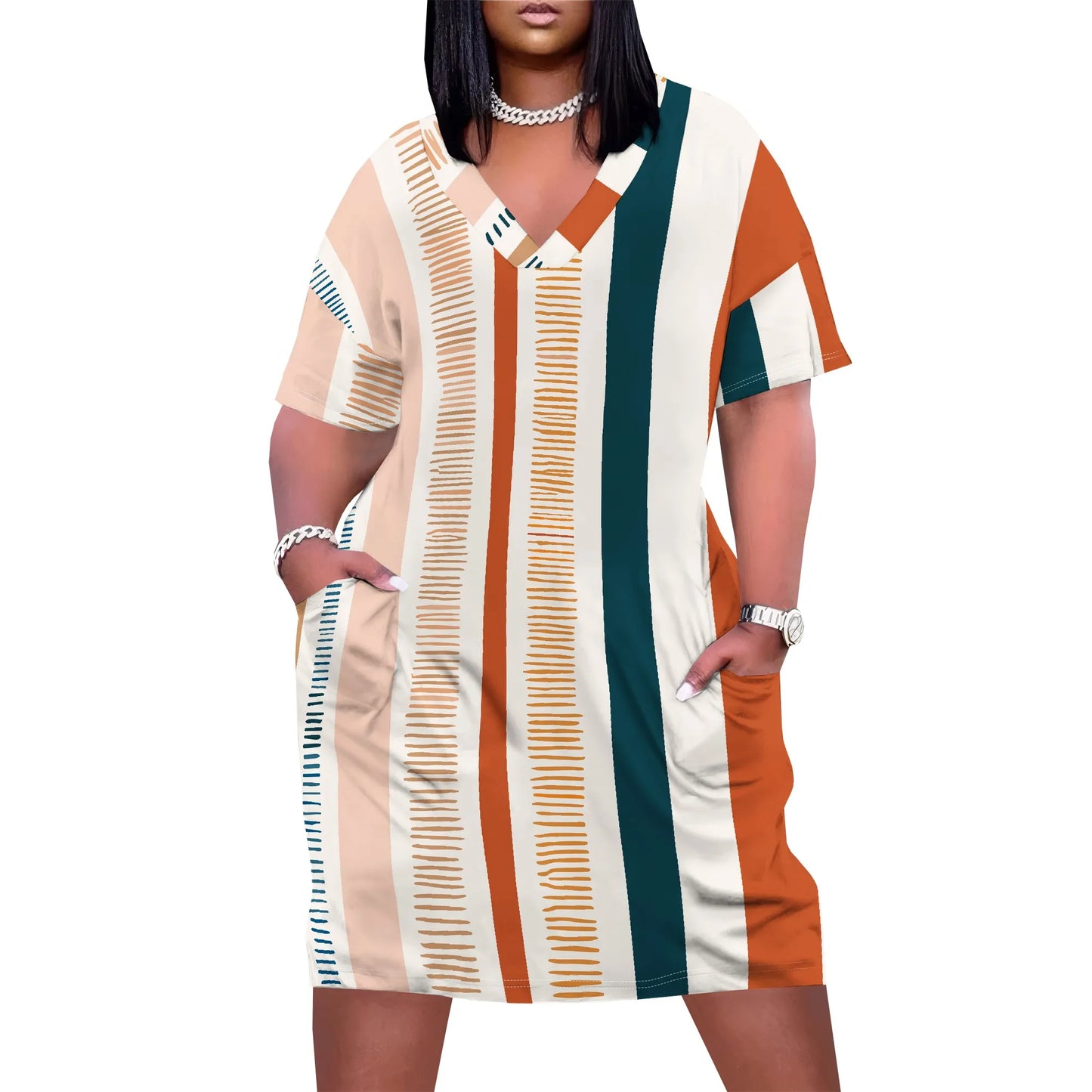 V Neck Short Sleeve with Front Two Pockets Solid Color Oversize Dress