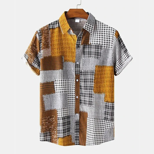 Vintage Splicing Pattern Hawaiian Shirt for Men Colorful Square Short Sleeve  Shirts For Men
