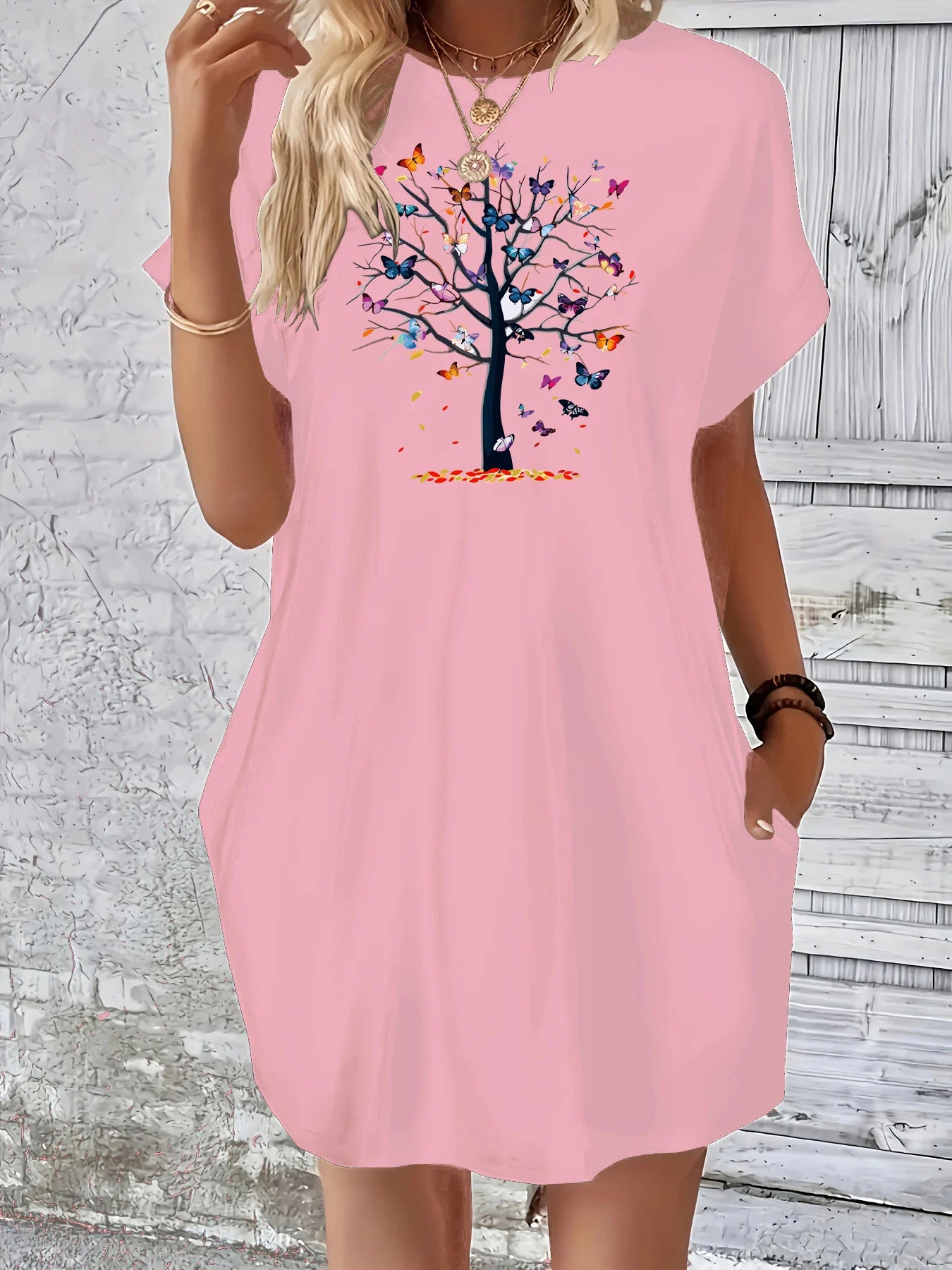 Butterfly tree pattern printed round neck short sleeved pocket comfortable Dress