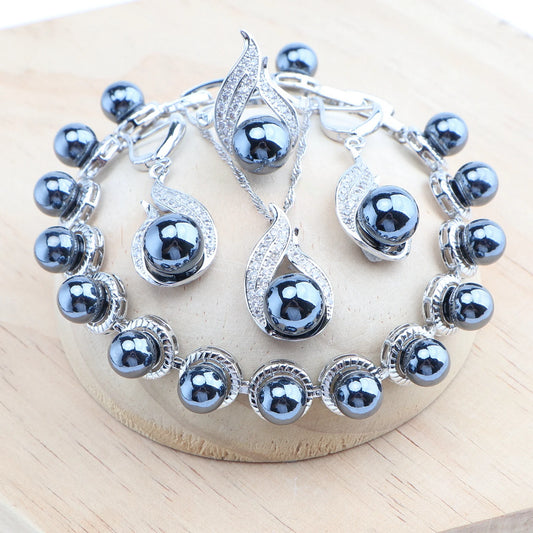 Silver Black Pearl Jewelry Sets Bridal White Zircon Wedding  Rings Earrings Pendant Necklace Bracelets 4Set