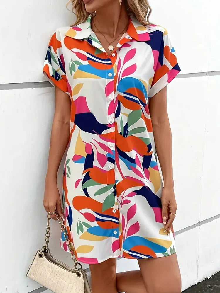 Ladies Short-sleeve Trend Single-breasted Elegant  Dress