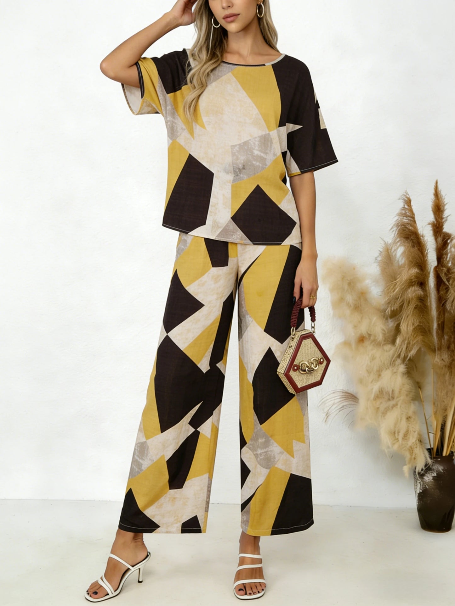 Two Piece Set Short Sleeve Top Wide Leg Pants Casual Pants Set Spring Summer Vacation Beach Outfit