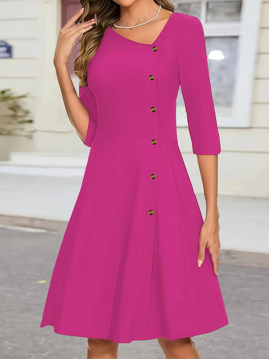 Elegant Solid Color Slanted V-Neck with Button Details