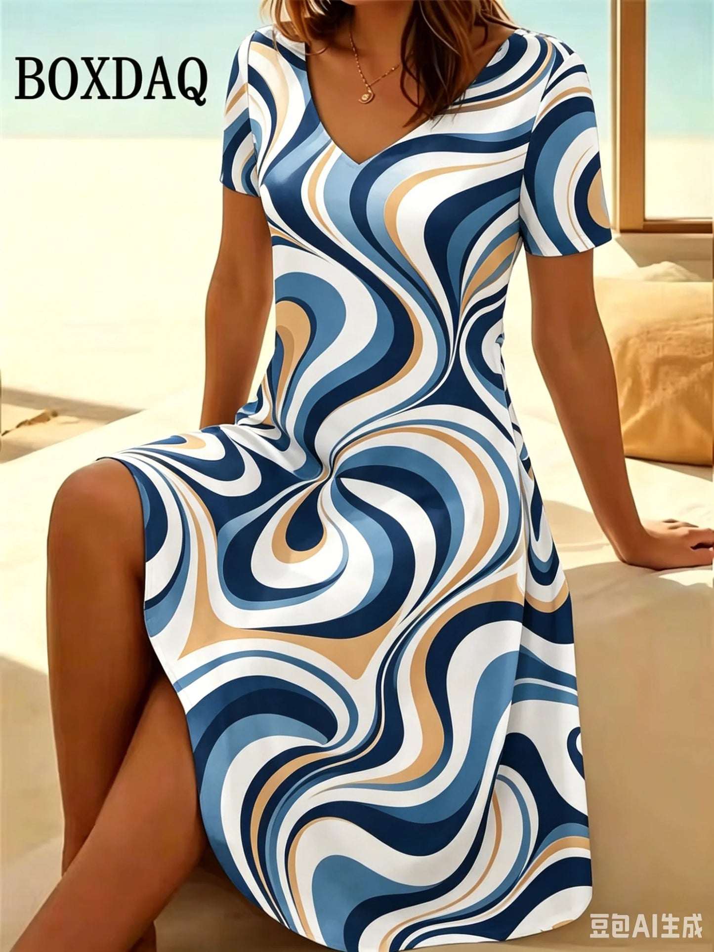 Elegant  Sleeve V-Neck A-Line Dress Summer Fashion