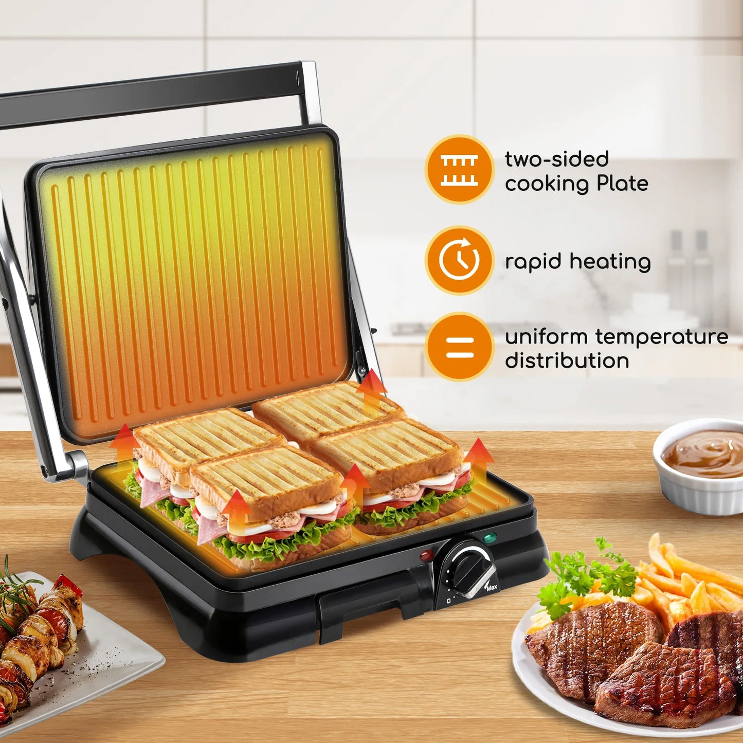 Electric Grill, Sandwich Maker, Non-Stick Coating, Temperature Regulator, 180º Opening, Bpa Free, 2000W