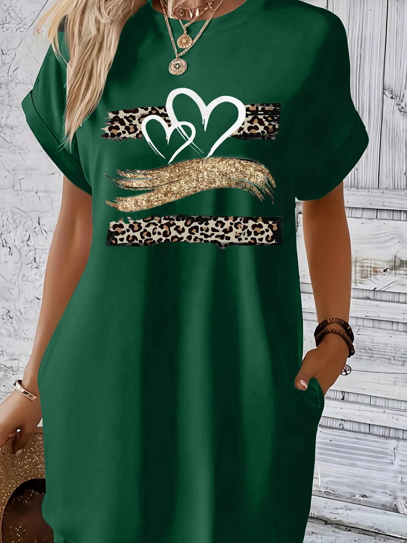 Knit TShirt Dress with Heart  Print Crew Neck Short Sleeve Fashionable