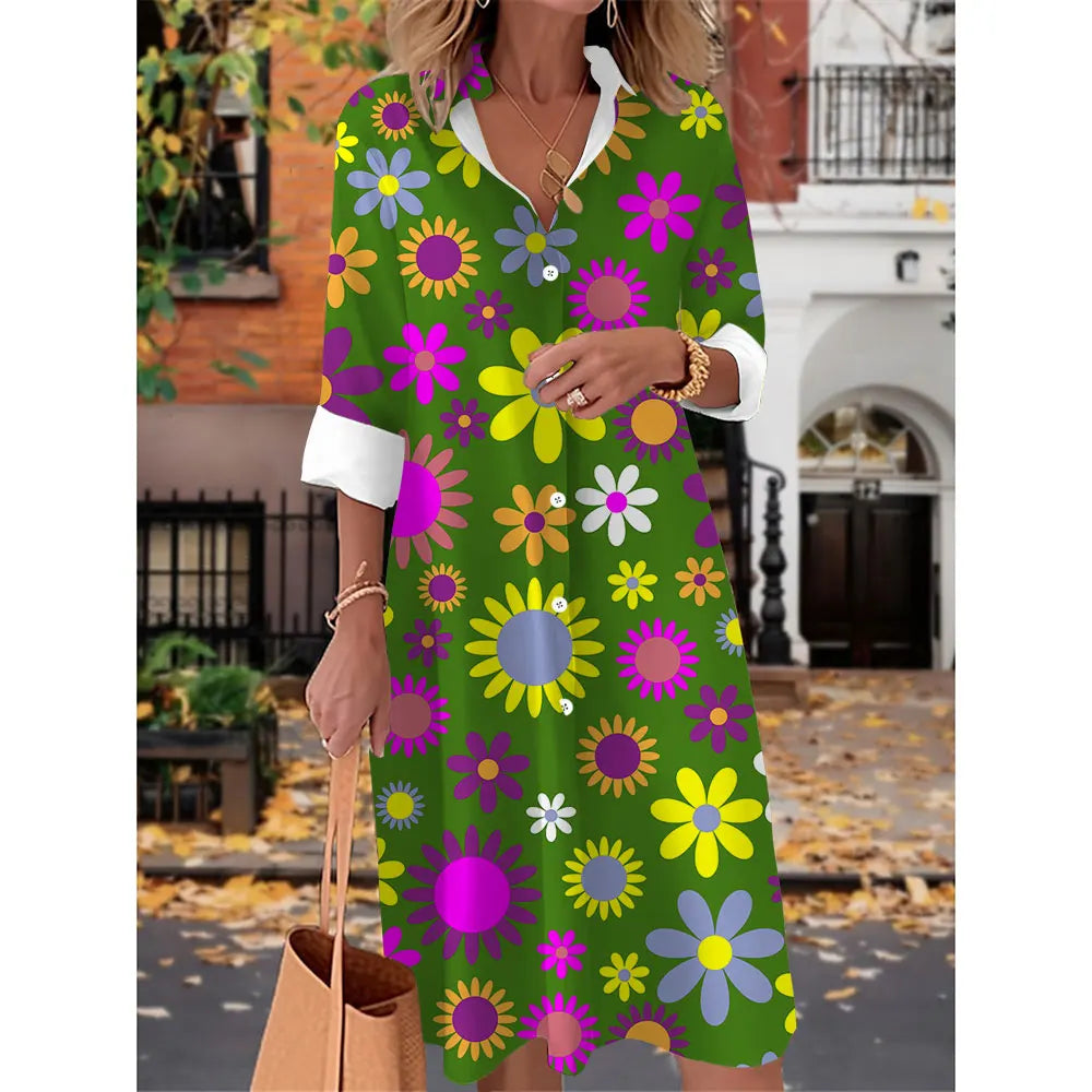 Printed V Neck Long Sleeves Button Sexy  Beach and Party Dress