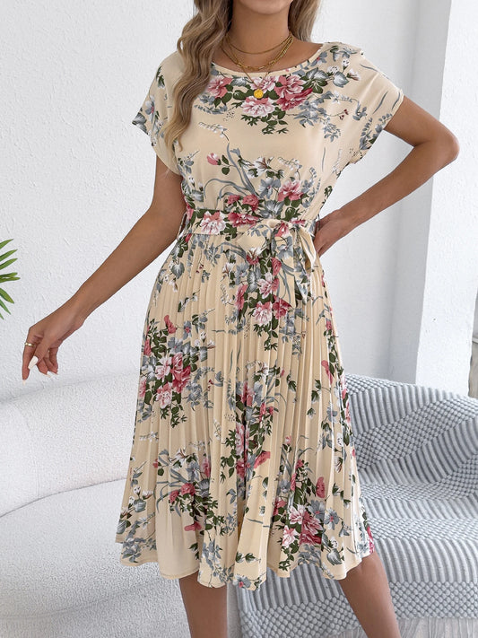 Spring Summer Round Neck Lace Up Short Sleeve Pleated Maxi Dress