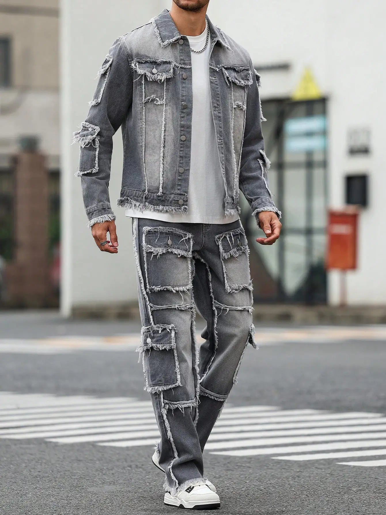 Men's Street Style Raw-Hem Grey Denim Set, a minimalist and fashionable two-piece