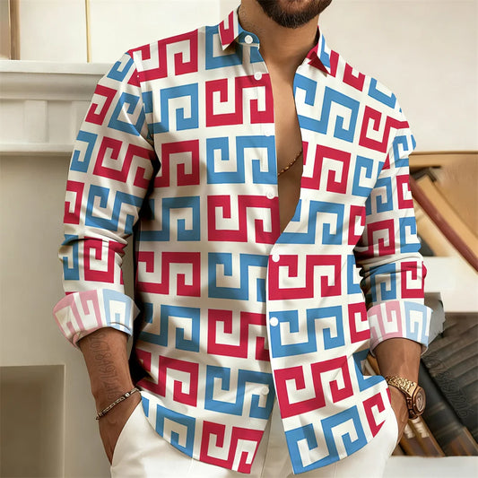Long-Sleeved Polo Shirt, Vintage Print Style with Greek Key Pattern