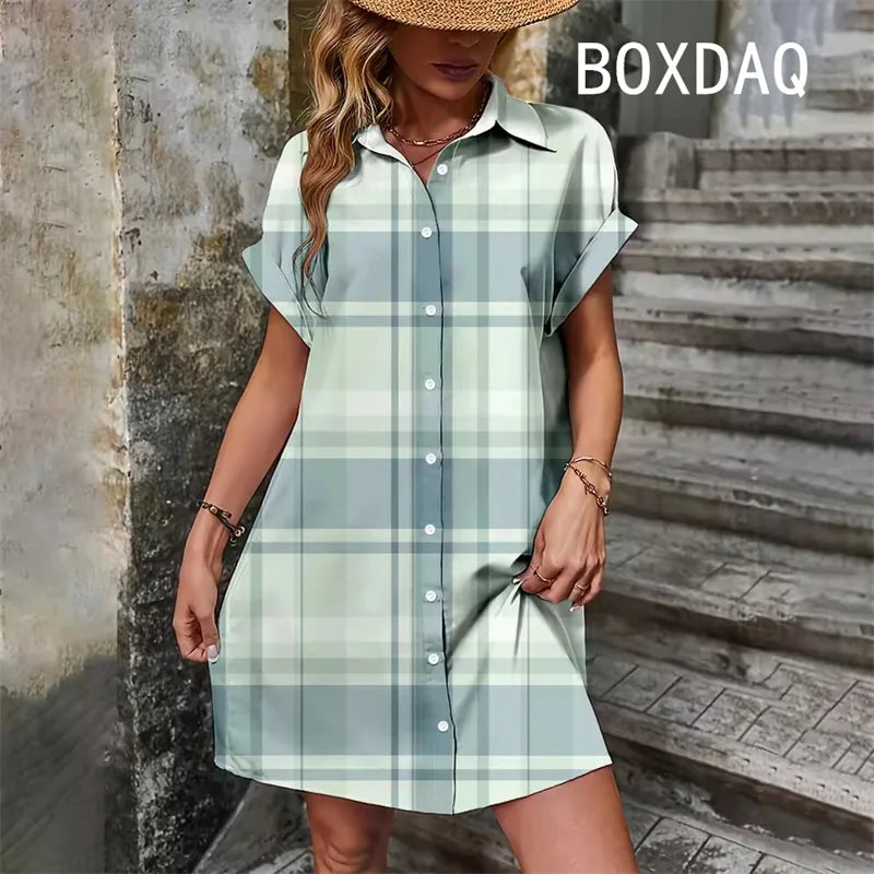Elegant Vintage Striped Print  Short Sleeve With Button  Dress