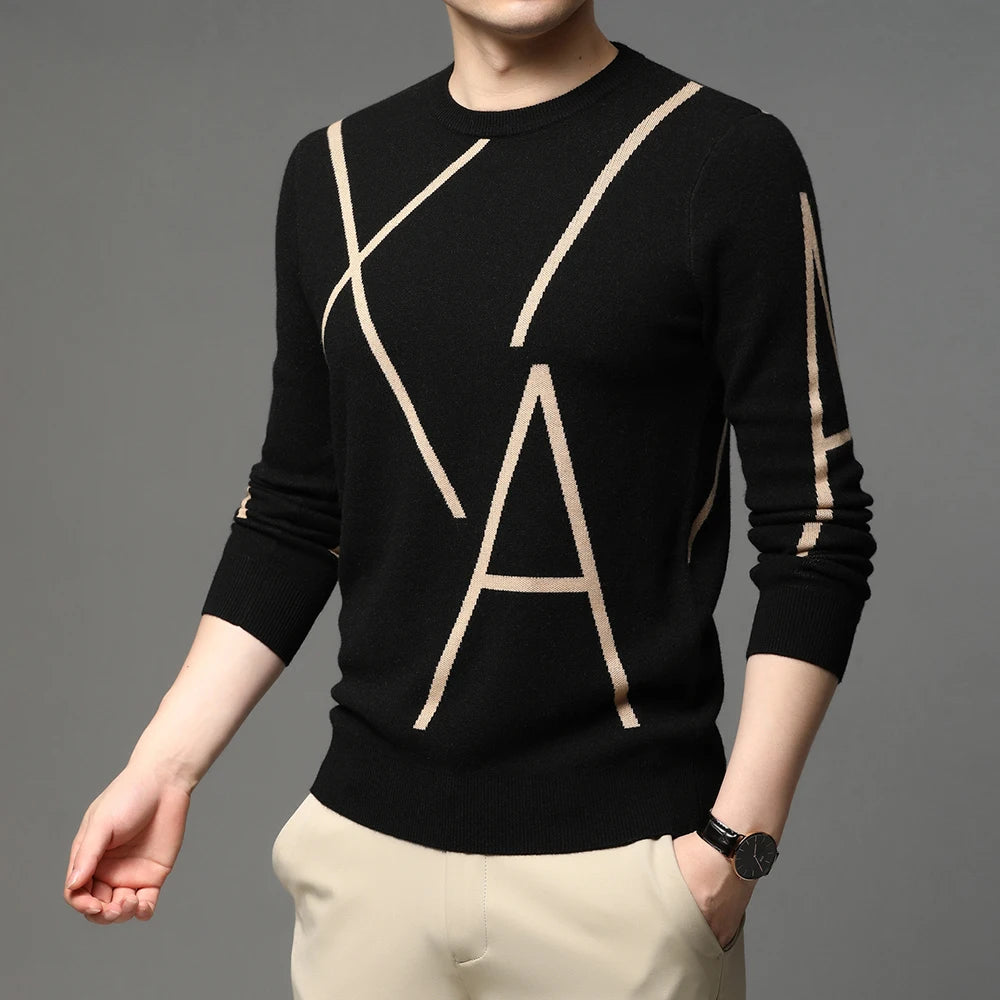 Fashion Brand Knit High Designer Winter Wool Pullover Black Sweater For Man