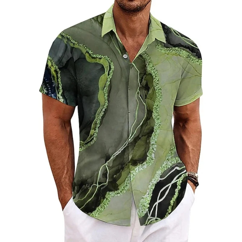 Men's Summer Patchwork Printed Button  Sleeve Shirt Tropical Vacation